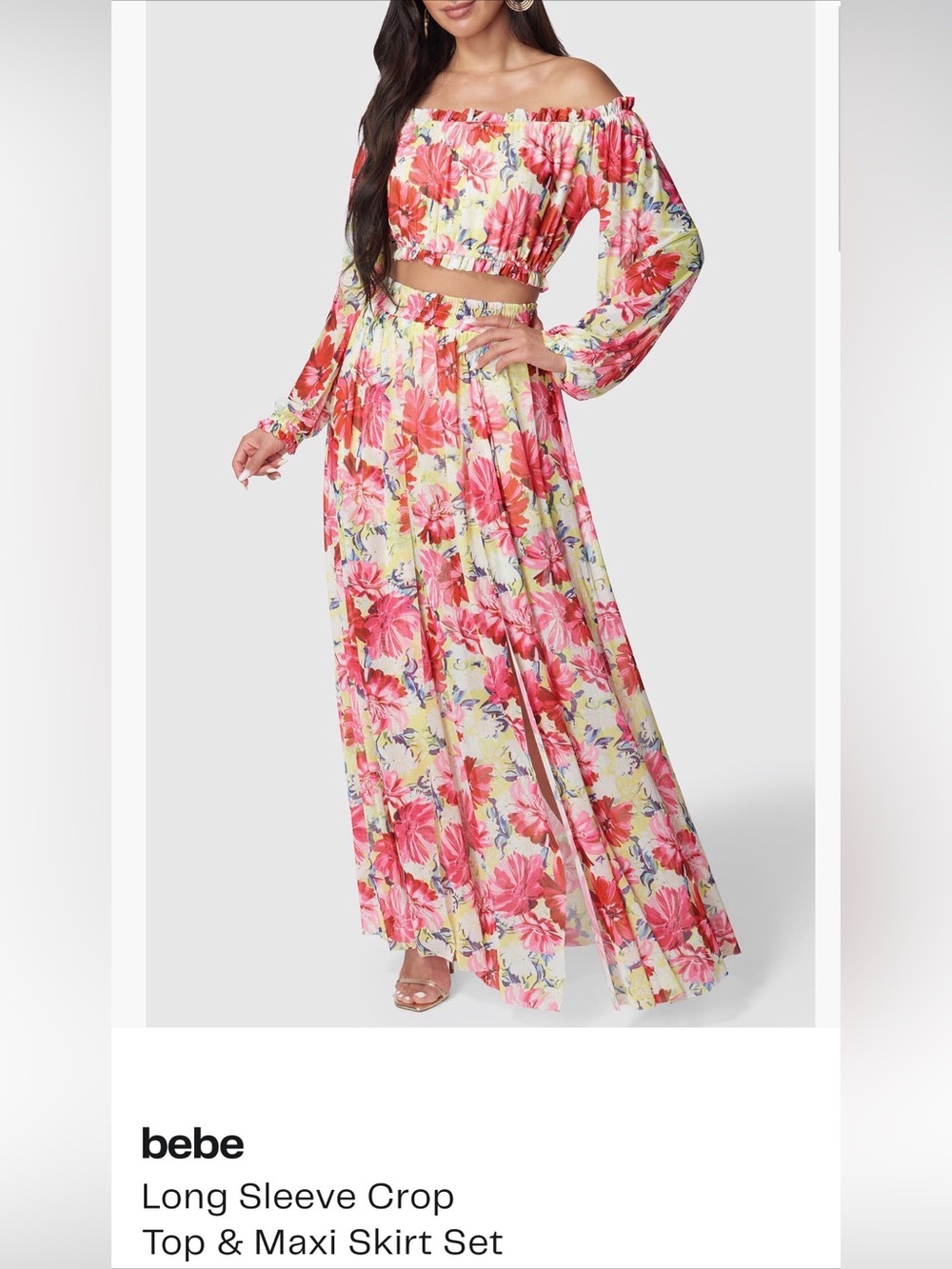 Brand new - Bebe Long Sleeve Crop Top & Maxi Skit, with shorts and front slits